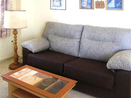 Im 45 qm großen Appartement steht diese braun Couch